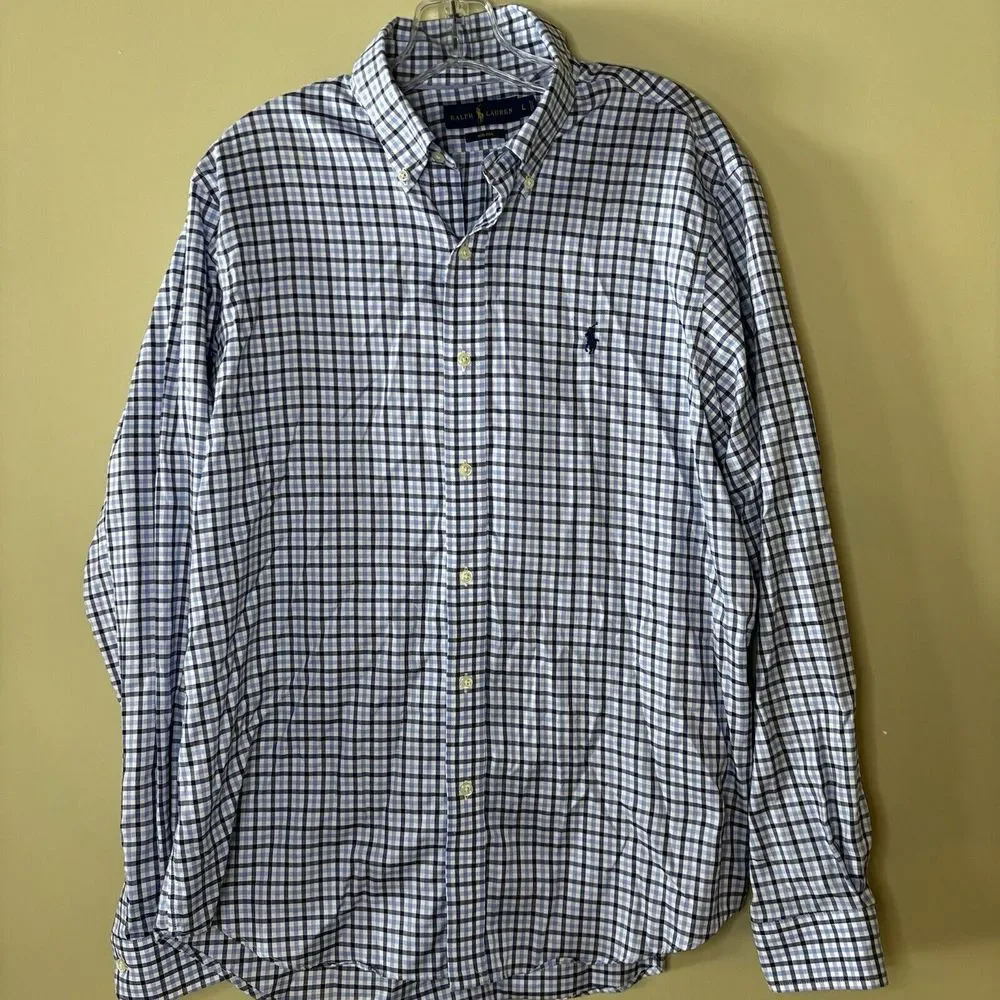 Mens Ralph Lauren Large Collared Dress Shirt Blue Checkered Horse Polo Logo
